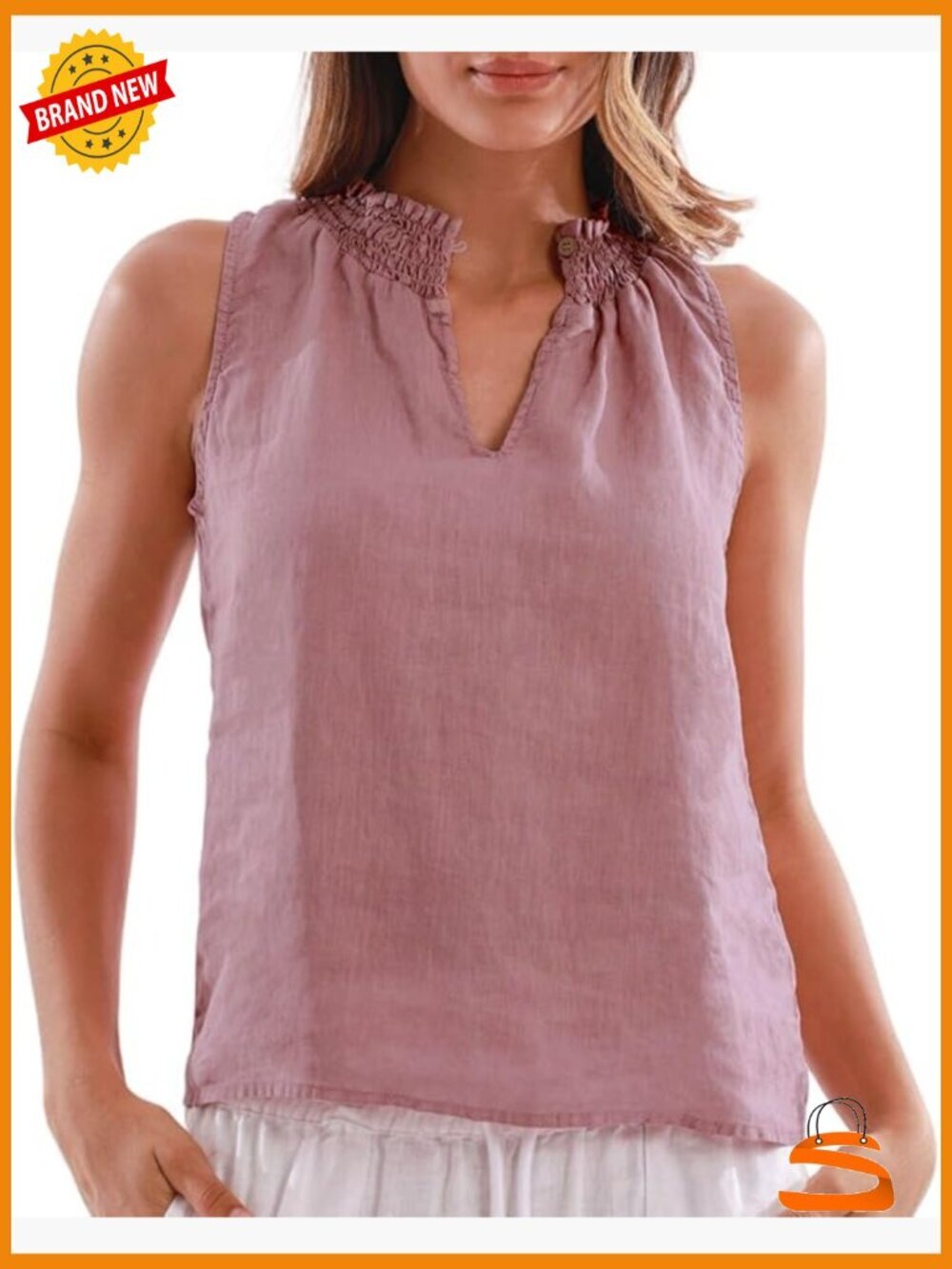 100% Linen Mock Neck Crop Blouse Sleeveless Summer Top